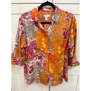 Chicos No Iron Cotton Button Down Shirt Women 3 (XL) Orange Floral Paisley Mixed